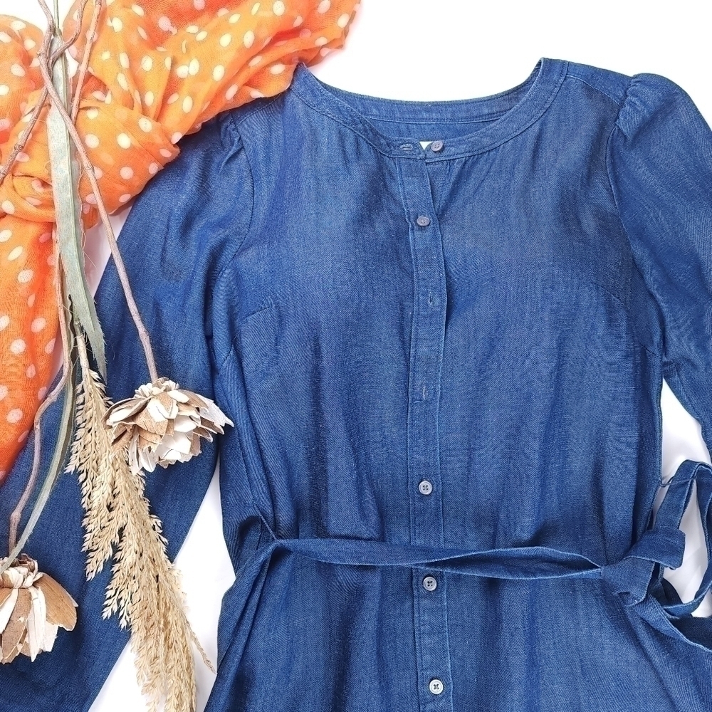 Loft Blue Lyocel Linen Blend Button Down Dress Sz Xs - Picture 2 of 11